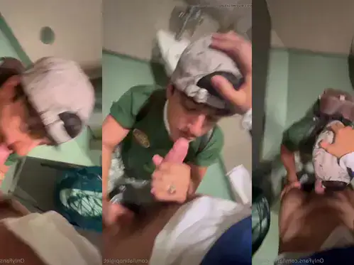 Young Brazilian sucks cock in the public bathroom and swallows