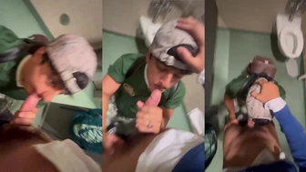 Young Brazilian sucks cock in the public bathroom and swallows